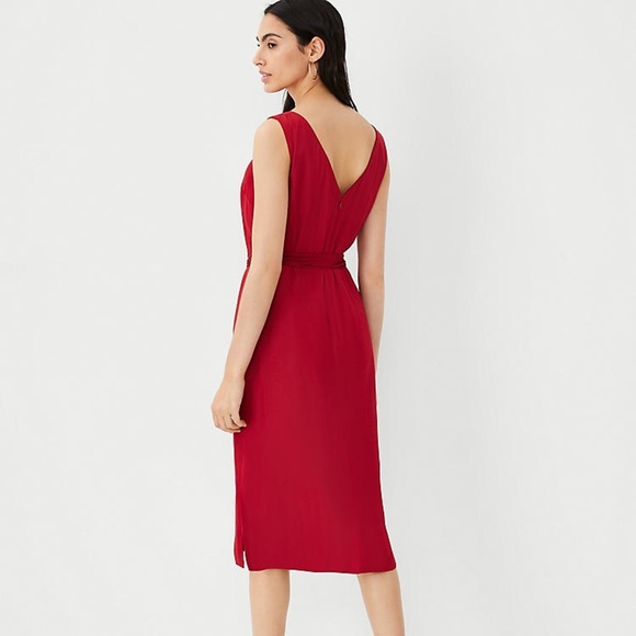 Ann Taylor new Petite V-Neck Tie Waist Midi Dress red size 6 petite - Picture 2 of 10